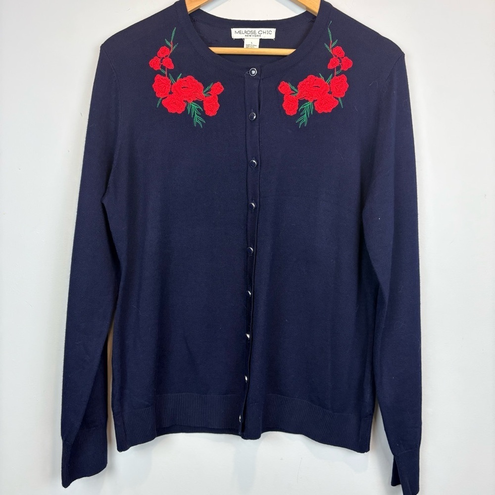 Embroidered Navy Cardigan with Red Floral Design
